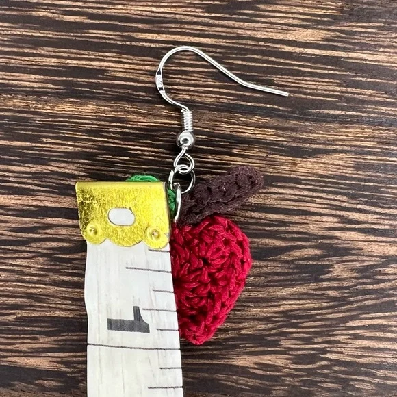 Handmade Crochet Apple Earrings on Hypoallergenic White Gold Plated Hooks Red - Picture 4 of 6